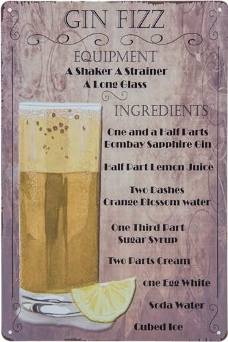 LUCKYLINDE – 30 x 20 cm Blechschild – Bar, Restaurant, Pub, Partykellder Deko Schild, Cocktail Übersicht Tafel - Gin Fizz (braun) von LuckyLinde