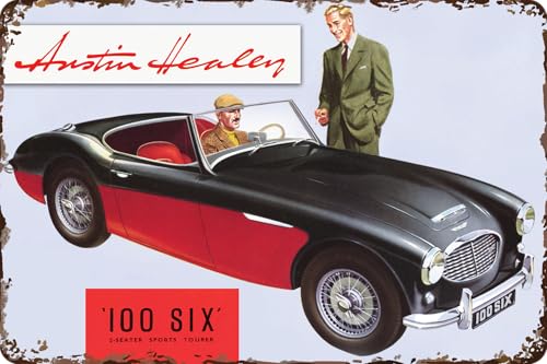 LUCKYLINDE Retro Blechschild passend für AUSTIN HEALEY Oldtimer Fans und Liebhaber, Werkstatt und Garagen Schild, 20 x 30 cm - 100 six V2 von LuckyLinde
