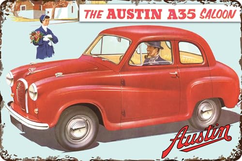 LUCKYLINDE Retro Blechschild passend für AUSTIN Oldtimer Fans und Liebhaber, Werkstatt und Garagen Schild, 20 x 30 cm - A35 Saloon V2 von LuckyLinde