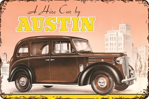 LUCKYLINDE Retro Blechschild passend für AUSTIN Oldtimer Fans und Liebhaber, Werkstatt und Garagen Schild, 20 x 30 cm - Car Hire von LuckyLinde