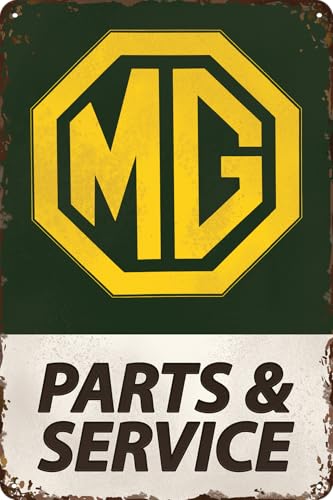 LUCKYLINDE Retro Blechschild passend für MG Oldtimer Fans und Liebhaber, Werkstatt und Garagen Schild, 20 x 30 cm - Parts & Service (gold) von LuckyLinde