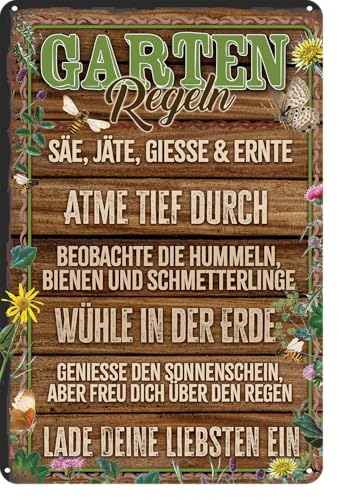 LUCKYLINDE Retro Garten Schild, wetterfestes Blechschild für Garten Fans, lustiger Spruch, Regeln, 20 x 30 cm (braun) von LuckyLinde