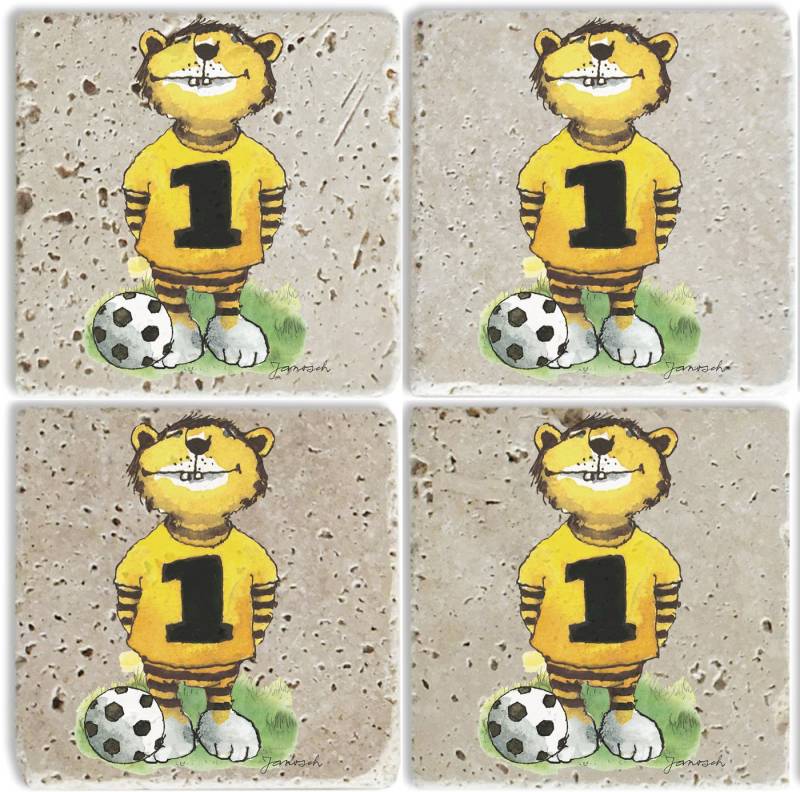 LuckyLinde Getränkeuntersetzer Der Tiger mit Fußball, Set, 4-tlg., Janosch Set Topfuntersetzer Naturstein Untersetzer 10x10x1cm von LuckyLinde