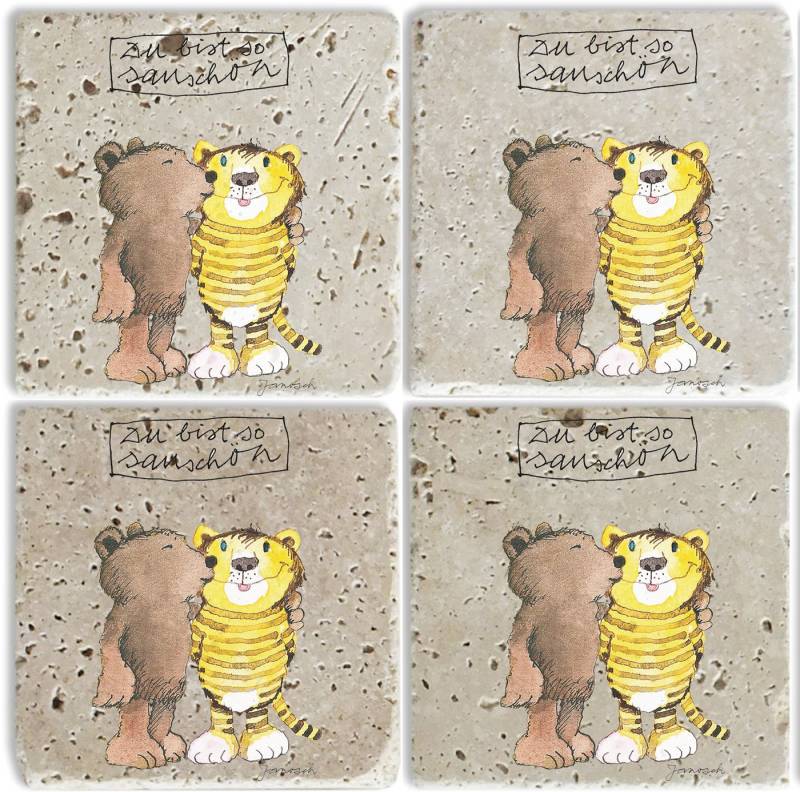LuckyLinde Getränkeuntersetzer Der kleine Bär und der Tiger, Set, 4-tlg., Janosch Set Topfuntersetzer Naturstein Untersetzer 10x10x1cm von LuckyLinde