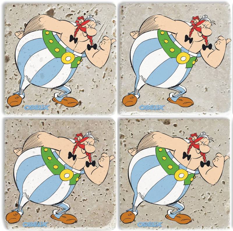 LuckyLinde Getränkeuntersetzer Obelix Motiv Fliesen Steine, Set, 4-tlg., Asterix Set Topfuntersetzer Naturstein Untersetzer 10x10x1cm von LuckyLinde