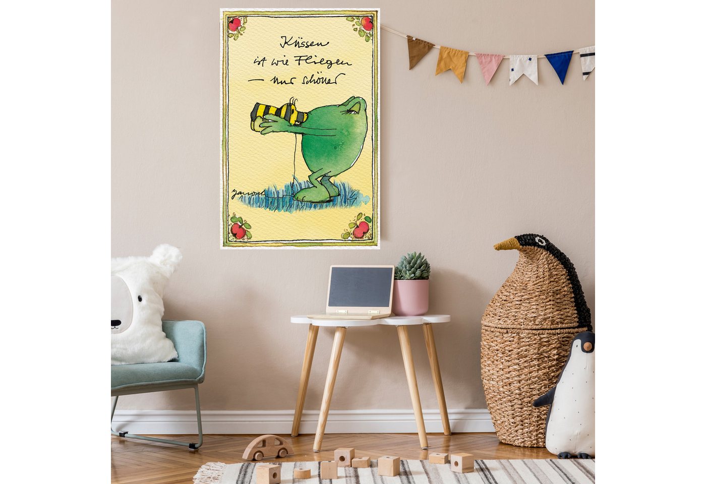 LuckyLinde Leinwandbild Der Froch und die Tigerente - Küssen ist…, Ente, Figuren, Filmfiguren, Frosch, Motivationsbilder, Schriftzug, Tiere, Tiger (1 St), Exklusive JANOSCH Kindermotive von LuckyLinde