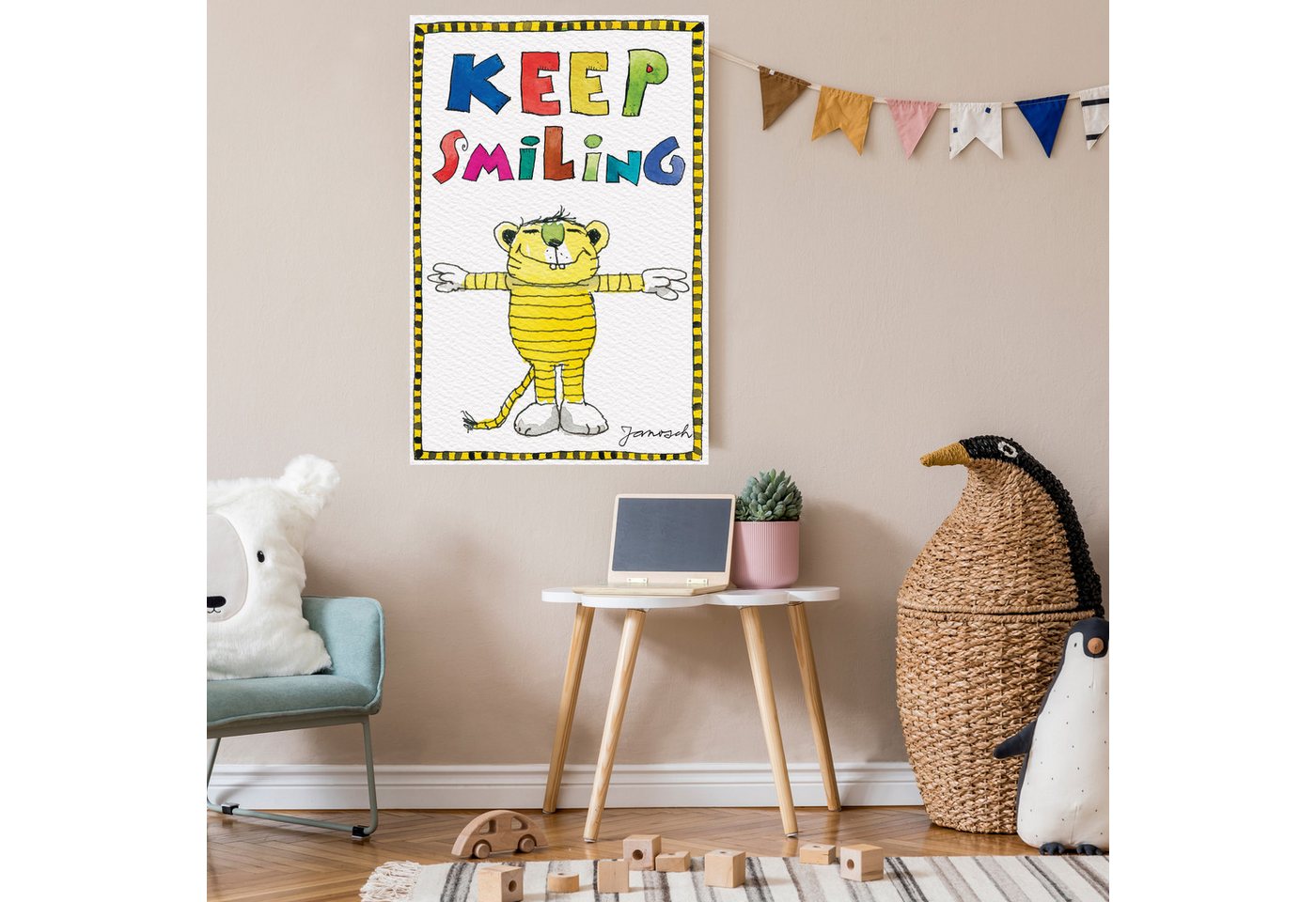LuckyLinde Leinwandbild Der kleine Tiger - Keep Smiling, Ente, Enten, Figuren, Filmfiguren, Motivationsbilder, Schriftzug, Sprüche, Tiere, Tiger, little star (1 St), Exklusive JANOSCH Kindermotive von LuckyLinde