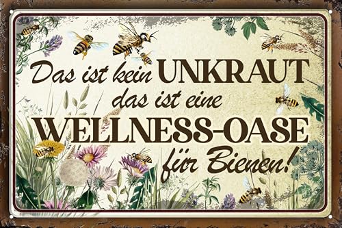 Wetterfestes, stabiles Gartenschild für den Außenbereich - Hinweisschild: kein Unkraut - Wellness Oase für Bienen - Alu Dibond Garten Schild, wetterfest 30 x 20 cm von LuckyLinde