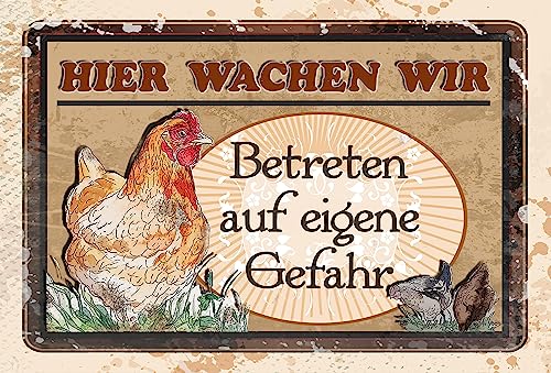 Wetterfestes 30 x 20 cm Alu-Dibond Hühnerstall Schild, Hühnerhof, Bauernhof Deko Metallschild „Hier wachen wir“ von LuckyLinde