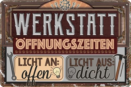 LUCKYLINDE Blechschild für WERKSTATT und GARAGE – lustiger Spruch, Werkstattregeln, Handwerker und Schrauber Deko Schild, 20x30cm (Öffnungszeiten) von LuckyLinde