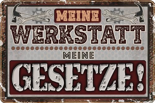 LUCKYLINDE Blechschild für WERKSTATT und GARAGE – lustiger Spruch, Werkstattregeln, Handwerker und Schrauber Deko Schild, 20x30cm (Meine Werkstatt, meine Gesetze) von LuckyLinde