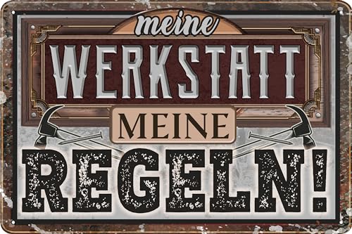 LUCKYLINDE Blechschild für WERKSTATT und GARAGE – lustiger Spruch, Werkstattregeln, Handwerker und Schrauber Deko Schild, 20x30cm (Meine Werkstatt, meine Regeln) von LuckyLinde