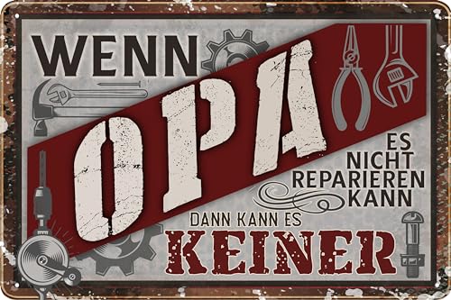 LUCKYLINDE Blechschild für WERKSTATT und GARAGE – lustiger Spruch, Werkstattregeln, Handwerker und Schrauber Deko Schild, 20x30cm (Opa kann reparieren) von LuckyLinde
