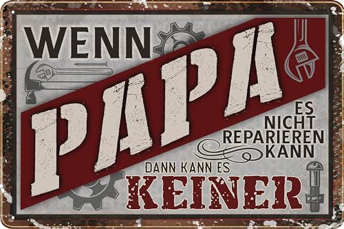 LUCKYLINDE Blechschild für WERKSTATT und GARAGE – lustiger Spruch, Werkstattregeln, Handwerker und Schrauber Deko Schild, 20x30cm (Papa kann reparieren) von LuckyLinde