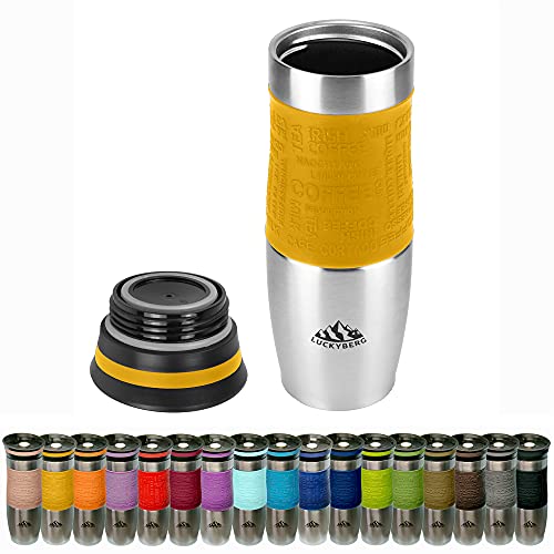 LUCKYBERG Thermobecher 400ml | 480ml Isolierbecher in vielen Farben Travel Mug, Thermoskanne doppelwandig für heißes und kaltes Geträn, Vakuum-isolierter Reisebeche| 360°Trinköffnung (Gelb, 400 ml) von Luckyberg