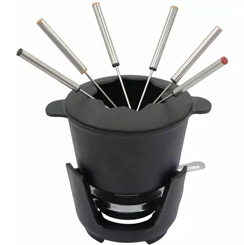 Luckyberg Fondue Set| aus Gusseisen mit 6 Gabeln, Geeignet für Käse- Schoko- und Fleisch-Fondue, 1,5l, Schwarz, Ø16cm von Luckyberg