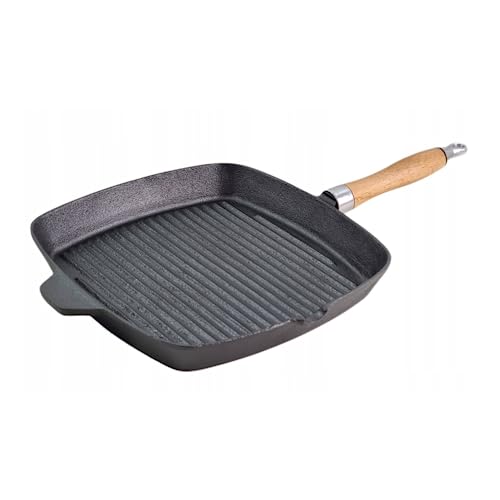 Luckyberg Gusseisen-Grillpfanne, Quadratisch 26cm |Für alle Herdarten, Grillfpanne mit Griff für gesundes Kochen und Braten | Servierpfanne ideal als Grill-,Steak- und Schmorpfanne. von Luckyberg