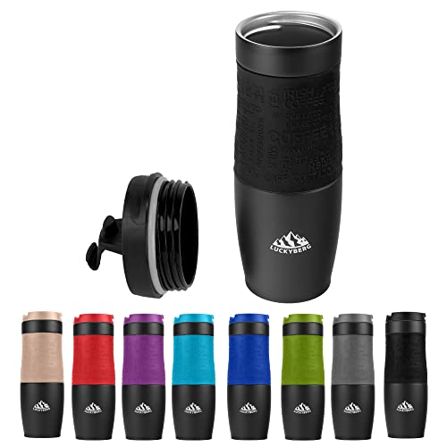 Luckyberg Vakuum-isolierter Reisebecher, Thermoskanne, einhändig offen zum Trinken, doppelwandig und auslaufsicher für heißes und kaltes Getränk (Schwarz, 400 ml) von Luckyberg