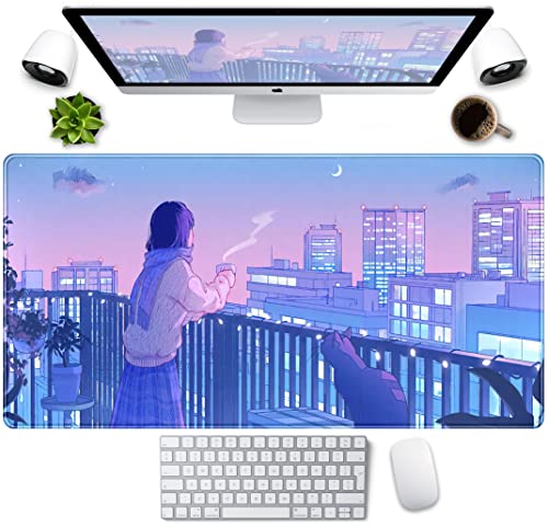 Anime-/Kawaii-Schreibtischunterlage, Mousepad mit niedlicher Katze, XXL, großes Gaming-Mauspad, japanisches Mädchen, ästhetisches Mauspad, Tokio, Straße, 80 x 40 cm, Mädchen, Gamer, Desktop-Matte, von LuckyCow
