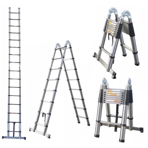 16.5FT Tragbare Teleskopleiter 5M Ausziehbare Leiter, die A-Rahmen Leiter Anti Rutsch mit Stabilisator Bar Heavy Duty Edelstahl (2.5M+2.5M), robuster und langlebiger als Aluminiumleiter faltet von Lucn