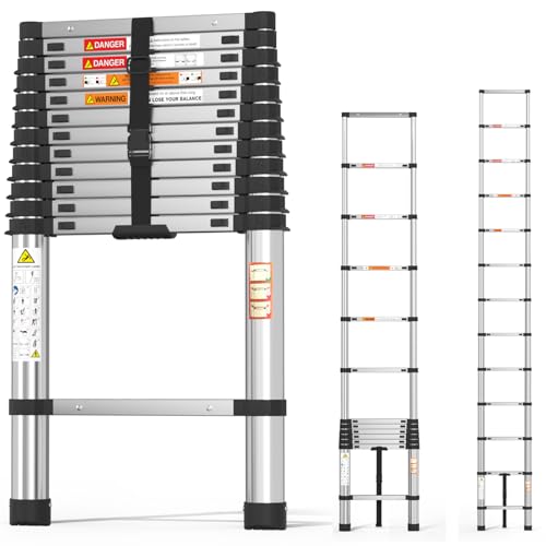 3.8m Teleskopleiter Ausziehbare 12.5ft Schritt Leitern Falten Werkstatt Loft DIY Ausziehbare Leiter Stahl Teleskopleiter Max Last 150KG Kapazität, Stabiler und langlebiger als Aluminiumleiter von Lucn
