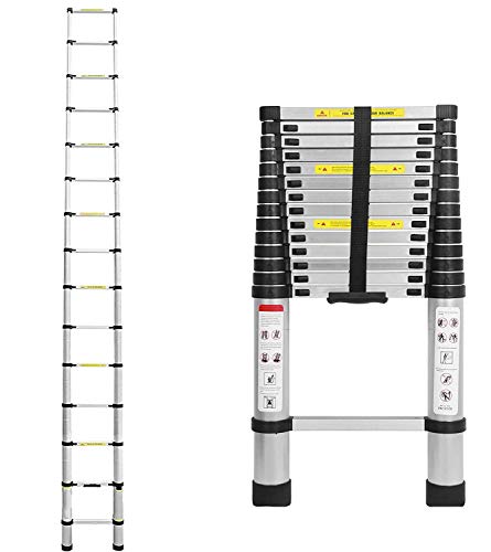 Alu Teleskopleiter 4,4 Meter DIY Stehleiter Stehleiter Anlegeleiter Mehrzweckleiter Leiter für Dachboden/Kletterdach/Büronutzung/Baujob Ausziehbar Aluleiter Rutschfeste Stufen 150 Kg Belastbar von Lucn