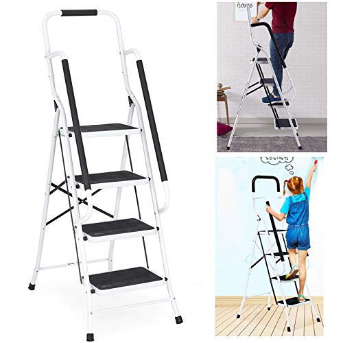 Klappbare 4-Stufen-Sicherheitsleiter - Rutschfester Trittleiter-Klappstuhl mit rutschfesten Seitenhandläufen,Trittleiter für Heim und Büro, robuster Stahl, max. 150 kg Tragkraft von Lucn