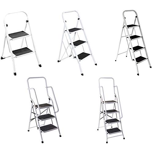 Stehleiter klappbar, Trittleiter Klappleiter, Haushaltsleiter Stufenleiter platzsparend, Metall, Stufenstehleiter 150 kg Tragkraft weiß, Zertifiziert(2-Stufen) von Lucn