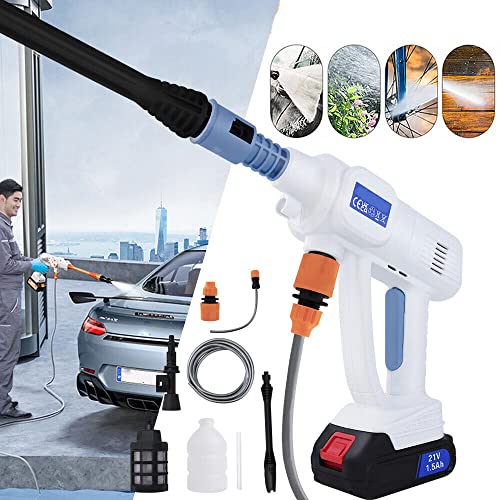 Tragbare Akku-Hochdruckreiniger Jet Wasser Waschen Auto Reiniger Pistole Set mit Li-Ion Batterie, Ladegerät, justierbare Düse, Zubehör, 2-Schnellkupplungen und 5M Schlauch von Lucn