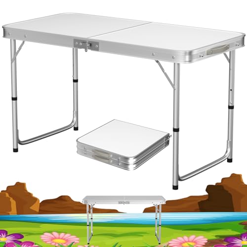 Tragbarer Aluminium-Klapptisch, 120 cm, für Party, Garten, Grillen, Camping, 3 verstellbare Höhe, Leichter Aluminium-Klapptisch für Outdoor-Picknick, Kochen, Größe aufgeklappt: 120 x 60 x 70/62/55 cm von Lucn