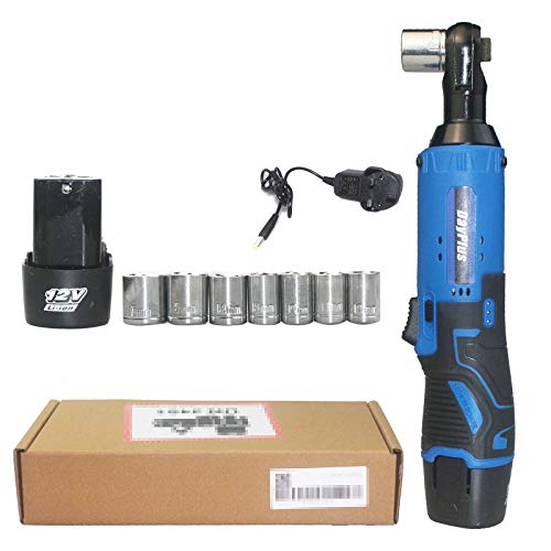 kabellose rechte Ratsche 3/8 '' 90 ° Winkelschlüssel mit LED-Arbeitsscheinwerfer + 7-teiliges Steckschlüsselset, 40 Nm Drehmoment 12-V-Ratschenschlüssel-Set mit 2-teiligen 1500-mAh-Li-Ionen-Batterien von Lucn