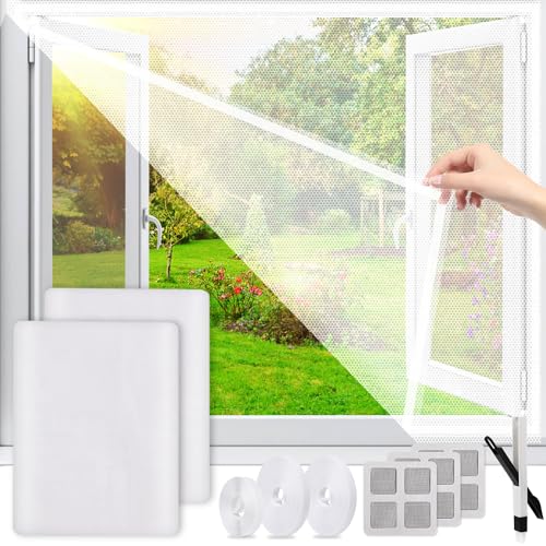 2 Stück Fliegengitter Fenster, 1.3m x 1.5m Moskitonetze für Fenster mit 3 Rollen Selbstklebend und 3 Flicken, Zuschneidbar Fliegennetz Fenster Ohne Bohren Selbstklebend Schwarz Insektenschutz Fenster von Lucomb