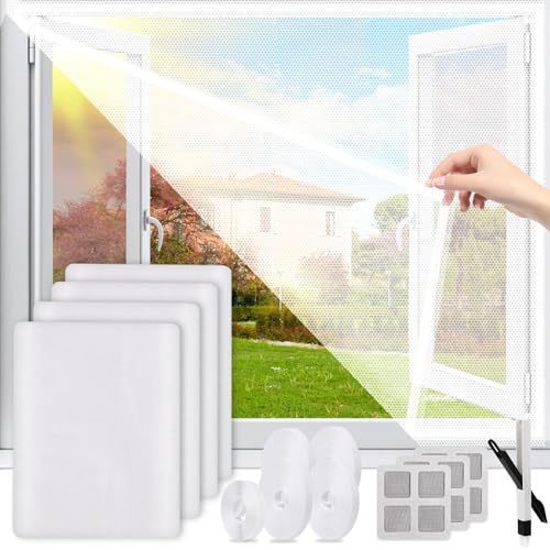4 Stück Fliegengitter Fenster, 1.3m x 1.5m Moskitonetze für Fenster mit 5 Rollen Selbstklebend und 3 Flicken, Zuschneidbar Fliegennetz Fenster Ohne Bohren Selbstklebend Schwarz Insektenschutz Fenster von Lucomb
