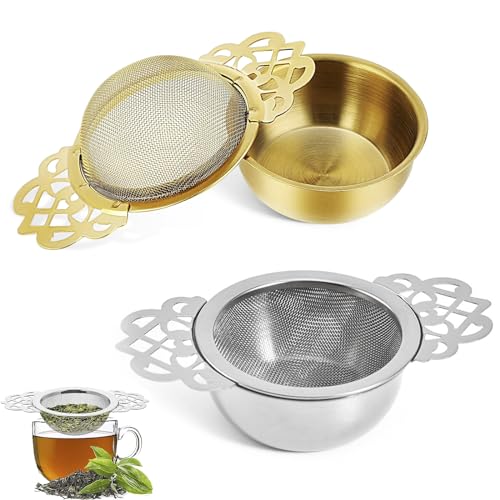 Kleine feinmaschige Teesiebe mit Schüssel, Edelstahl-Tee-Ei, silberfarbene Teesiebe für losen Tee, einzelne Tasse (Gold + Silber), 2 Stück von Lucxhcky
