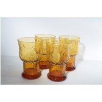 4Er Set Vintage Libbey Bernsteinglas Hohe Becher Landgarten Daisy Blume 5 Zoll Trinkgläser Gelb von LucysMidCentury