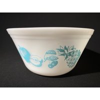 Bundesglas Türkis Auf Weiß Obstschale 23 cm Rührschüssel Servierschüssel Milchglas Vintage Schälchen 1950Er Jahre von LucysMidCentury