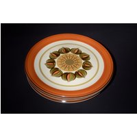Retro Premiere Durastone Set Mit 4 Lunch Teller 8 Zoll Melba P2251 Japan Mid-Century Blumen Erdton Rost Orange Grün von LucysMidCentury
