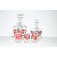 Vintage 2 Dekanter 3 Schnapsgläser Set Rot Und Schwarz Design Bar Barware Vatertags Geschenk Mcm Mid Century von LucysMidCentury