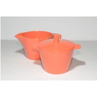 Vintage Dorchester Melmac Melamin Tangerine Orange Sahnekännchen Zuckerdose Set Deckel Geschirr Hartplastik Cyanamid Canada Ot von LucysMidCentury