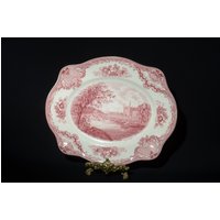 Vintage Johnson Bros Old Britain Castles Platte Servierplatte 11, 75 "England Rot Rosa Transferware Cambridge Castle in Hervorragendem Zustand von LucysMidCentury