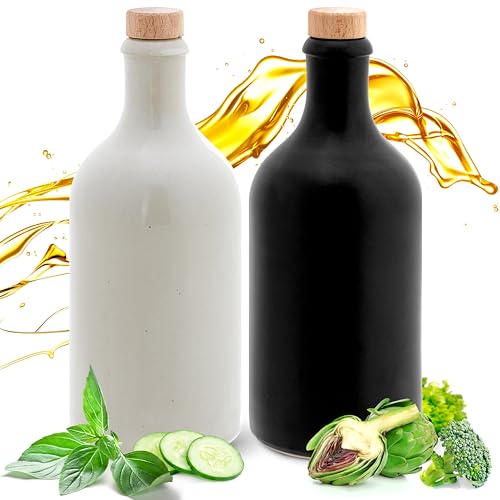Essig & Öl Steinzeug - Flasche mit Ausgießer, 2er Geschenkeset für Feinschmecker Handgefertigt und Einzigartig im Design Made in Germany Authentisch chic und zeitlos (2x 500ml, schwarz/ weiß) von Ludwig- Feuerfest