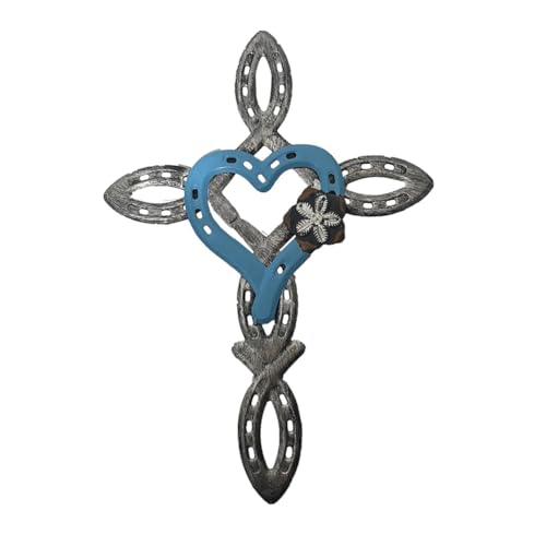 Luejnbogty Natürliches Hufeisenkreuz mit, Metallhandwerk-Kreuz-Hufeisenherz-Dekor, Rustikales Metallkreuzschild, Spirituelles Blau von Luejnbogty