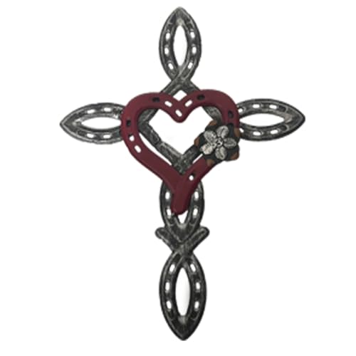 Luejnbogty Natürliches Hufeisenkreuz mit, Metallhandwerk-Kreuz-Hufeisenherz-Dekor, Rustikales Metallkreuzschild, Spirituelles Rot von Luejnbogty