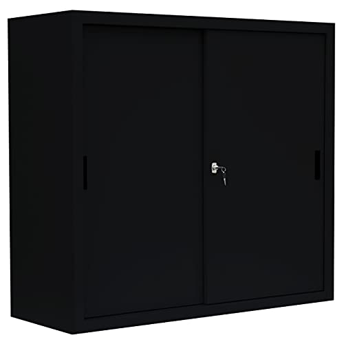 Schiebetürenschrank komplett montiert schwarz 109x120x45cm (HxBxT) Schwebetürenschrank Büro Aktenschrank Sideboard aus Stahl 550149 von Lüllmann