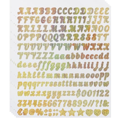 Klein Buchstaben Aufkleber Wetterfest,5 Blätter 1000 Stücke 0,5 Zoll Selbstklebendes Vinyl Klebebuchstaben Zahlen Aufkleber Symbole Kit für Scrapbook - Gold von LuenHego