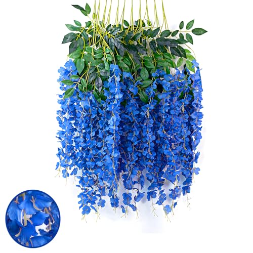 12 Stück königsblaue Glyzinien hängende Blumengirlande, 10 m, königsblaue künstliche Glyzinien, künstliche Glyzinien, königsblaue Blumenranken als Hintergrund, hängende Blumengirlande, Dekoration von Luerbi