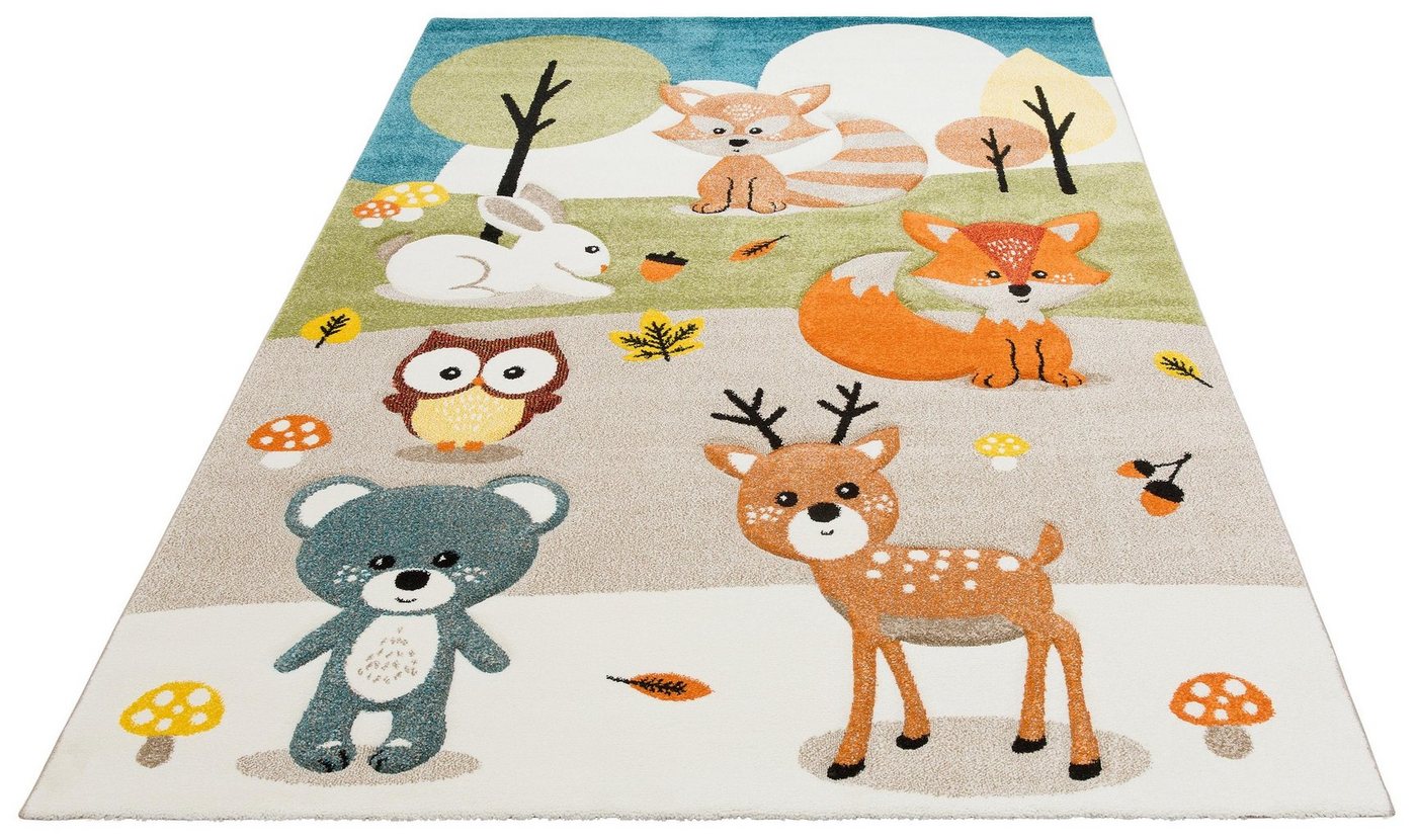 Kinderteppich Wald, Lüttenhütt, rechteckig, Höhe: 13 mm, Kurzflor, Motiv Tiere, in Pastell-Farben, 3D-Design, Waldtiere von Lüttenhütt