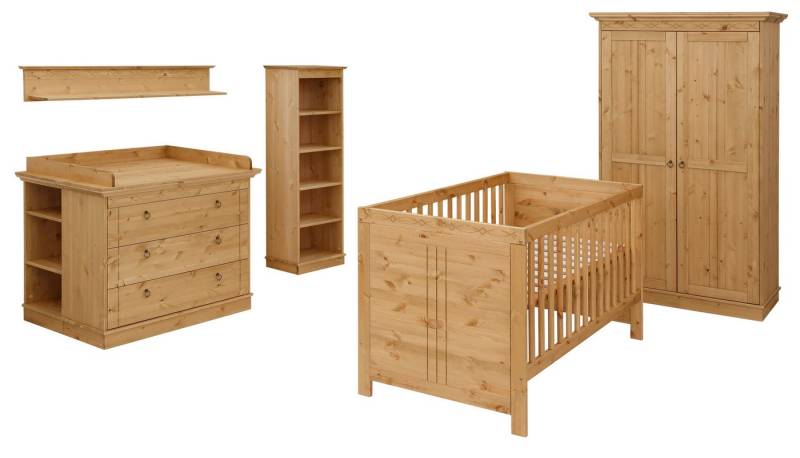 Lüttenhütt Babyzimmer-Komplettset Indra, FSC® zertifiziertes Massivholz, zum Jugendzimmer umgestaltbar, (Spar-Set, 7-tlg., Kleiderschrank, Bett, Kommode + Aufsatz, Unterbau-, Wand- & Standregal), massive Kiefer, 7-teilges Set, zertifizierte Qualität, langlebig von Lüttenhütt