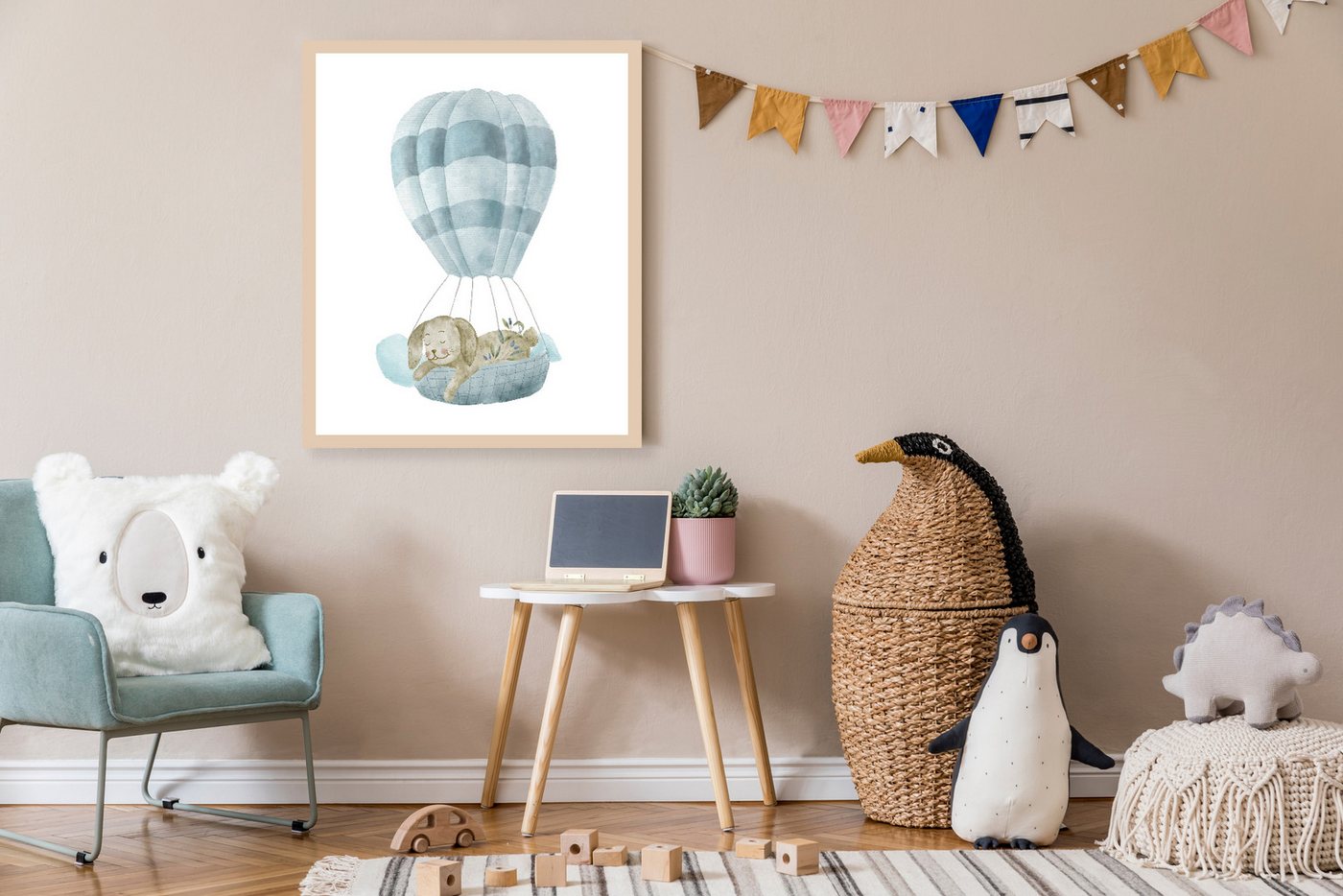 Lüttenhütt Bild mit Rahmen oder Poster, Schlafender Hase in Heißluftballon, Ballonfahren, Fantasy, Hase, Hasen, Heißluftballon, Tiere (1 St), HD Premium Druck von Lüttenhütt