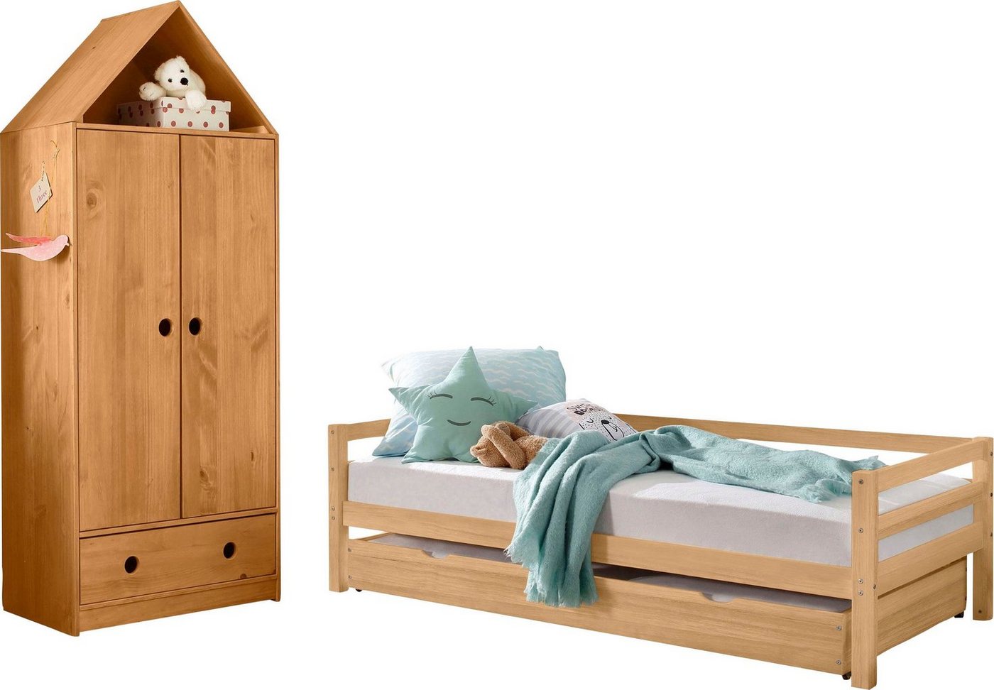 Lüttenhütt Jugendzimmer-Set Alpi, (Spar-Set, 2-St), Daybed mit 2. Liegefläche + Kleiderschrank in Hausoptik, platzsparend von Lüttenhütt